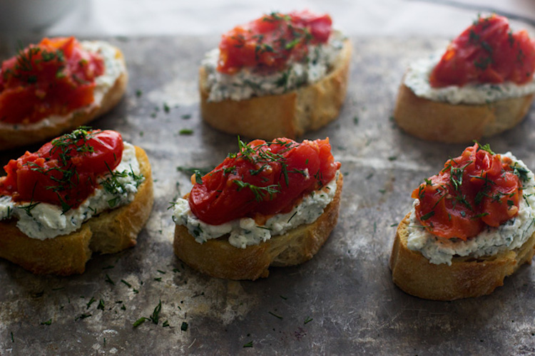 Burst Cherry Tomato and Herbed Ricotta Crostini