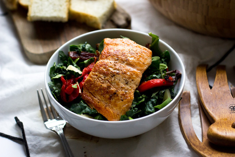 Seared Salmon Salad with Dates, Roasted Red Peppers and Fontina