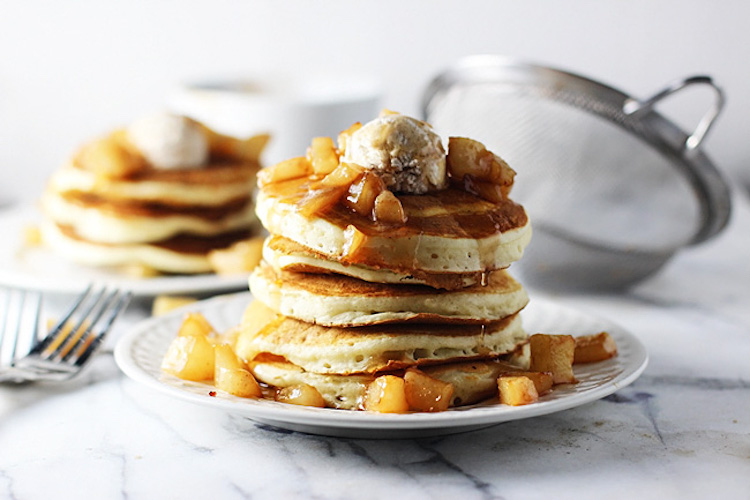 Vanilla Bean & Brown Butter Pancakes with Pear Compote & Cinnamon Mascarpone
